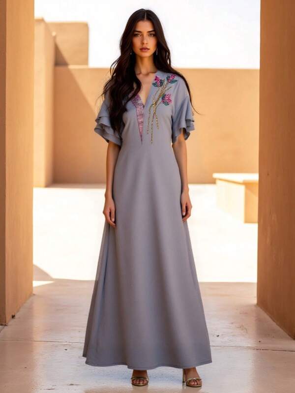 BEAUTY AMINAH 5110 Light Blue V-Neck Embroidered Abaya Dress, 3D Florals, Ruffle Sleeve Hem, Formal Gown