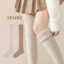 2 Pairs Plus Size Women's Thigh High Stockings - Soft, Solid, Thick, Warm, Plush Lined, Fluffy, Over The Knee Socks For Fall And Winter