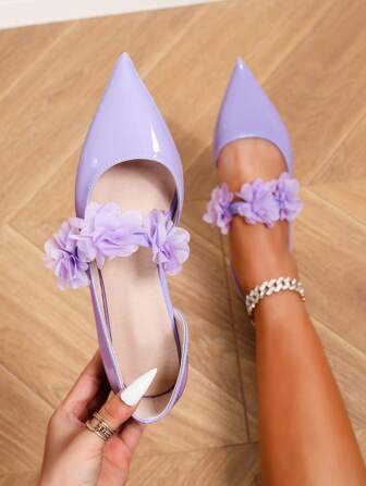 New Arrival Fashion Women Pointed Toe Purple Silk Flower Mary Jane Casual Flat Shoes