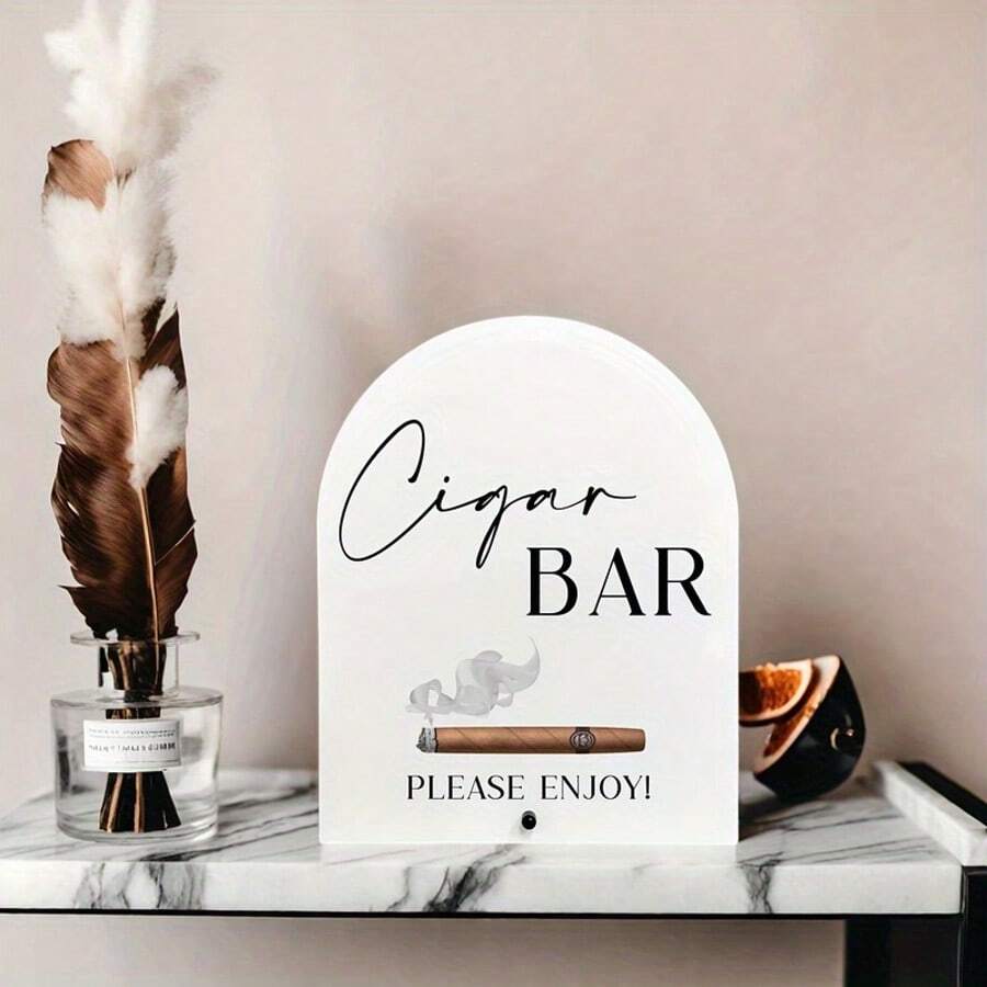 Cartel de bar de puros minimalista de acrílico blanco, con letra negra y diseño de humo - Decoración para recepción de bodas, despedida de soltero, centro de mesa de salón de puros, decoración para eventos de adultos sin electricidad | Pieza decorativa elegante | Artículo decorativo duradero