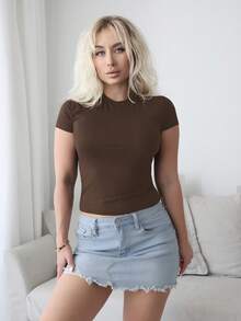 Vaiaye Women's Casual Solid Color Short Sleeve Christmas T-Shirt - Brown - View 5