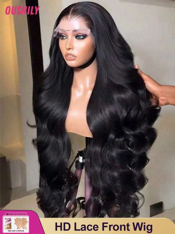 Peluca de cabello humano con frente de encaje estilo onda brasileña de 34 pulgadas, color negro natural, densidad del 200%, 13x4 HD con encaje frontal transparente, sin pegamento, con onda suelta, pre-jalada, pre-planchada, con raya al medio, encaje pre-cortado y estilo elegante apto para todas las etnias con aspecto natural, amigable para principiantes
