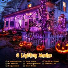 1 pieza 20/50/100/200 Luces LED solares para exteriores, luces de Navidad solares de cable verde, 8 modos de hadas destellantes, adecuadas para iluminación de escenario, árbol de Navidad, decoración de jardín, boda, camping al aire libre, decoraciones de Halloween para exteriores para jardín, patio, fiesta, Navidad, patio (Morado/Blanco cálido/Blanco/Multicolor)