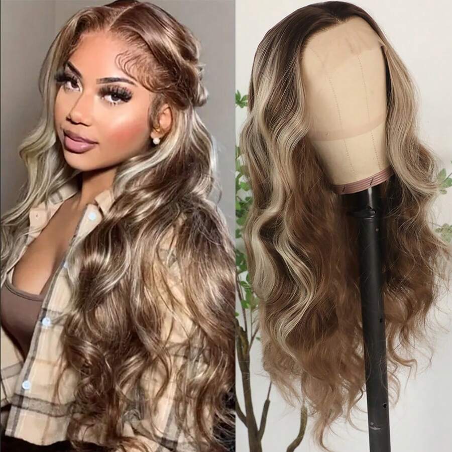 13X4 Free Part Black Green Highlights Body Wave Lace Front Wigs Pre Plucked Soft Long Wavy Hair Wigs Heat Resistant Wave Wigs Glueless Christmas Wig Long Wavy Synthetic Lace Front Wigs For Women Perfect For Daily Wear & Parties - Màu nâu highlight - Xem 1