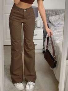 秋季女装女士街头风格复古牛仔裤，修腰流苏设计，直筒牛仔裤 - 棕色 - 查看 9