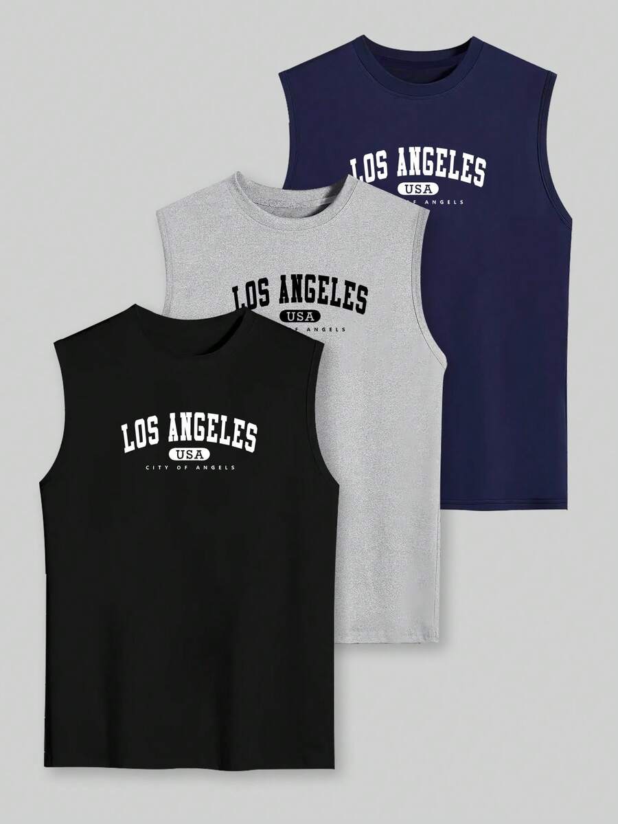 Herren Lässig Ärmellos Top Set in Große Größen 1XL-5XL, 3 Stück Sommer Englisch Buchstaben Muster Top, Schwarz/Grau/Blau, vielseitig - Verschiedenfarbig - Übersicht 1