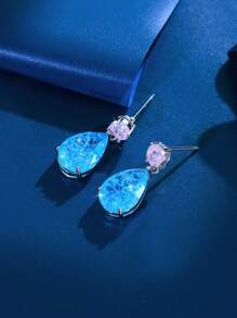 1 Pair Icy Cracked Blue Pink Cubic Zirconia Silver Plated Water Drop Shape Dangle Earrings, Women Cute Costume Jewelry Accessories For Wedding, Party, Prom, Brides, Bridesmaids, Female, Ladies Gift