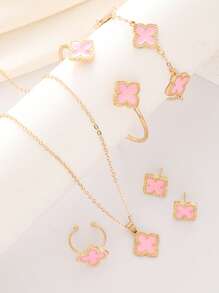 6 Pcs Four Leaf Clover Earring Necklace Bracelet Bangle Ring Jewelry Set For Women