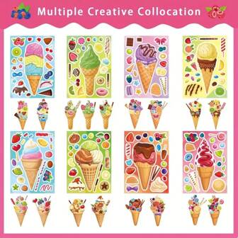 8pcs Creative Summer Ice Cream DIY Sticker Puzzle, Cute Notebook Diary Decoration Stickers