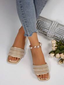 Lujos Sandalias tipo mulas de gran tamaño con puntera cuadrada y adorno de perlas, antideslizantes. Sandalias versátiles de moda para playa y vacaciones para mujeres