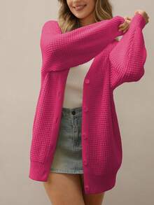 1 Women's Rose/Camel Loose Thick Warm Temperament Sweater Jacket For Home Travel Halloween Top Casual Women's Deep V Neck Drop Shoulder Button Rib-Knit Long Sleeve Midi Cardigan In Wool-Like Fabric - 玫紅色 - 查看 4