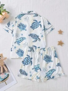 2 piezas Conjunto de pijama para niños, nueva ropa de verano de manga corta tipo cardigan informal, lavable con estampado de tortuga marina azul, adecuado para niños y niñas mayores