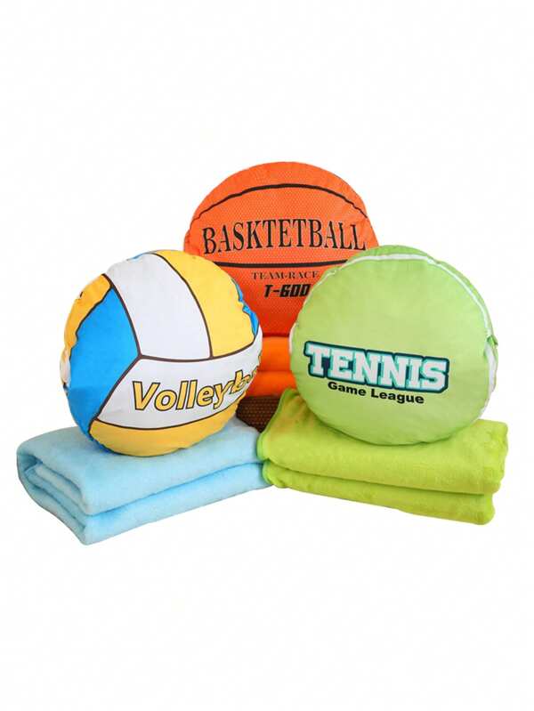 Oreiller en peluche multifonction de 40 cm, comprenant un design 3 en 1 avec un ballon de volley-ball, de tennis et de basketball. Comprend une couverture (1 m x 1,7 m) pour faire la sieste, réchauffe les mains