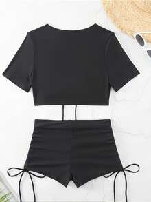 Traje de bikini de playa de cuerda sólida para mujeres,Traje de baño de dos piezas, traje de baño de Bikini femenino - Negro - Ver 3