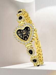 7 pièces Ensemble de bijoux femme comprenant : montre à quartz avec boîtier forme cœur et chiffres arabes, bracelet, collier, boucles d'oreilles et bague. Doré, mode et magnifique. Convient pour le port quotidien, la décoration ou en cadeau pour les fêtes.