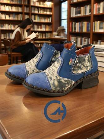  1 双 TMA EYES 随机印花朋克中国风拼布女式踝靴/短靴，适合居家、办公室、所有季节