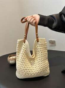 Women Summer New Versatile One Shoulder Beach Vacation Woven Straw Tote Bag