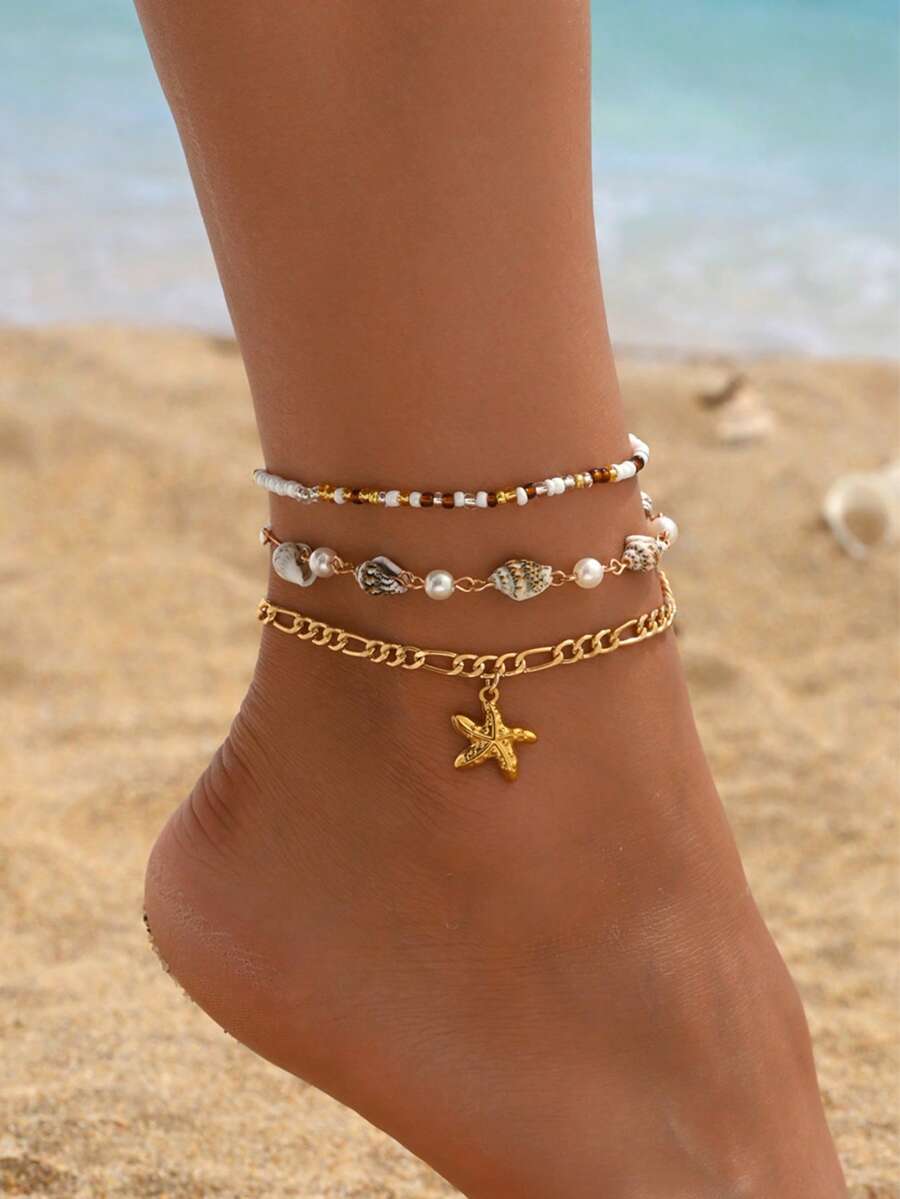 3件套波西米亚风格仿珍珠天然贝壳手工脚链，时尚金色海星吊坠串珠脚饰，适合海滩和日常佩戴。手工链长度可定制，天然贝壳的形状、大小和图案随机。