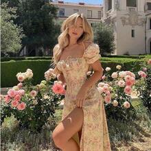 Women's Floral Print Square Neck Dress French Split Hem Dresses Elegant And Sexy - Màu Mù tạt vàng - Xem 8