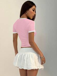 Women's Summer Round Neck Short Sleeve Contrast Color Print T-Shirt - Pink - View 2