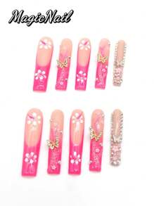 10 Pieces Of Pure Hand-Pressed Wearing Nail, Press On Nails,55mm Long Nail Pieces, Flesh-Colored Red Contrast, Hand-Painted White Flowers, 3D Gold Butterfly Ornaments, 3D Pink Small Flower Embellishment, Red Glitter Pink Drawing Lines, Glitter Diamond Embellishment. Spring And Summer Style, Cute Nail Plate, Can Be Reused.