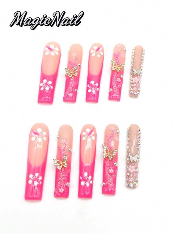 10 Pieces Of Pure Hand-Pressed Wearing Nail, Press On Nails,55mm Long Nail Pieces, Flesh-Colored Red Contrast, Hand-Painted White Flowers, 3D Gold Butterfly Ornaments, 3D Pink Small Flower Embellishment, Red Glitter Pink Drawing Lines, Glitter Diamond Embellishment. Spring And Summer Style, Cute Nail Plate, Can Be Reused.
