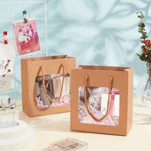 5/10/20/30pcs Kraft Paper Gift Bags With PVC Transparent Window And Handle, Gift Packaging Bags For Birthday Wedding Party Flower Shop Christmas