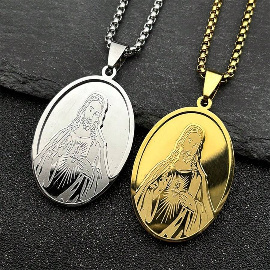 Chritian Sacred Heart Of Jesus Medal Pendant Necklace For Men Women Stainless Steel Gold Silver Color Chain Amulet Faith Jewelry