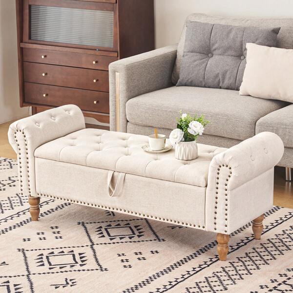 Fumahaus 51''Bedroom Chair End Of Bed Ottoman Bench With Button-Tufted Large Upholstered Storage Nailheaded Chair With Rolled Arms Accent Chair With Wood Legs For Bedroom Hallway Room Entryway