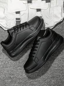 男士白色圆头系带运动鞋，轻便软底防滑厚底休闲鞋，春秋季 - 黑色 - 查看 6