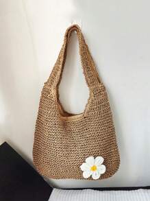 Yogodlns Bolso de hombro de paja de moda para mujer, bolso tejido femenino de gran capacidad, bolso de playa de paja de verano, bolso casual de mano, bolso de compra hecho a mano de ganchillo, bolso de hombro de verano de mujer con tejido hueco de gran capacidad, bolso de playa de malla, bolso de mano