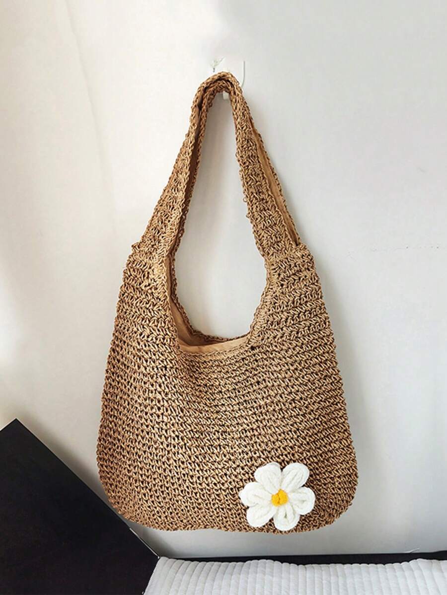 Yogodlns Bolso de hombro de paja de moda para mujer, bolso tejido femenino de gran capacidad, bolso de playa de paja de verano, bolso casual de mano, bolso de compra hecho a mano de ganchillo, bolso de hombro de verano de mujer con tejido hueco de gran capacidad, bolso de playa de malla, bolso de mano