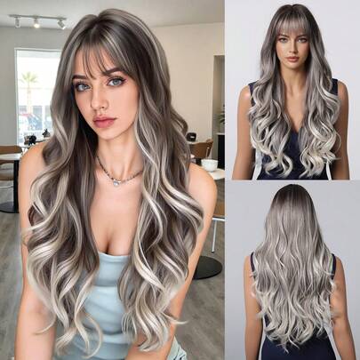 24 英寸长黑棕色波浪假发，女士黑色卷发，带空气刘海，水波假发，合成耐热纤维假发，适合日常派对使用