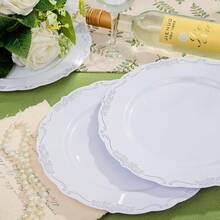 60PCS White Plastic Plates, Heavy Duty White Disposable Plates Premium 10inch Dinner Plates Hard Plastic Plates Disposable Party Wedding Bridal Shower-ZCC - 白色和銀色 - 查看 7