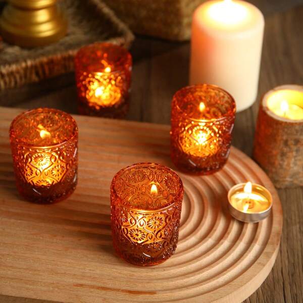 6 PCS Amber Votive Candle Holders - Amber Candle Holders For Boho Wedding Decor, Rustic Wedding Decor, Glass Tea Lights Candle Holders For Vintage Party Decorations