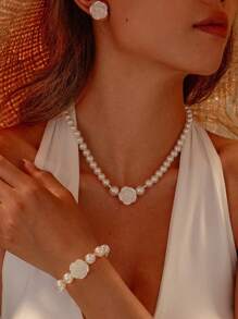 4pcs Women's Camellia & Faux Pearl Jewelry Set, Nautical Beach Style Jewelry Set, Women's Fashion Elegant Faux Pearl Jewelry