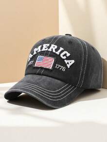 1Pc Unisex Vintage Washed Denim Baseball Cap With Embroidered "AMERICA EST 1776" & Flag Patch, Multi - Color Adjustable Retro Casual Hat For Men & Women, Breathable Sun Protection Headwear For Daily Outfits, Street Style, Travel, Outdoor Adventures & Patriotic Events, Fashion Accessory For All Seasons - A - View 1