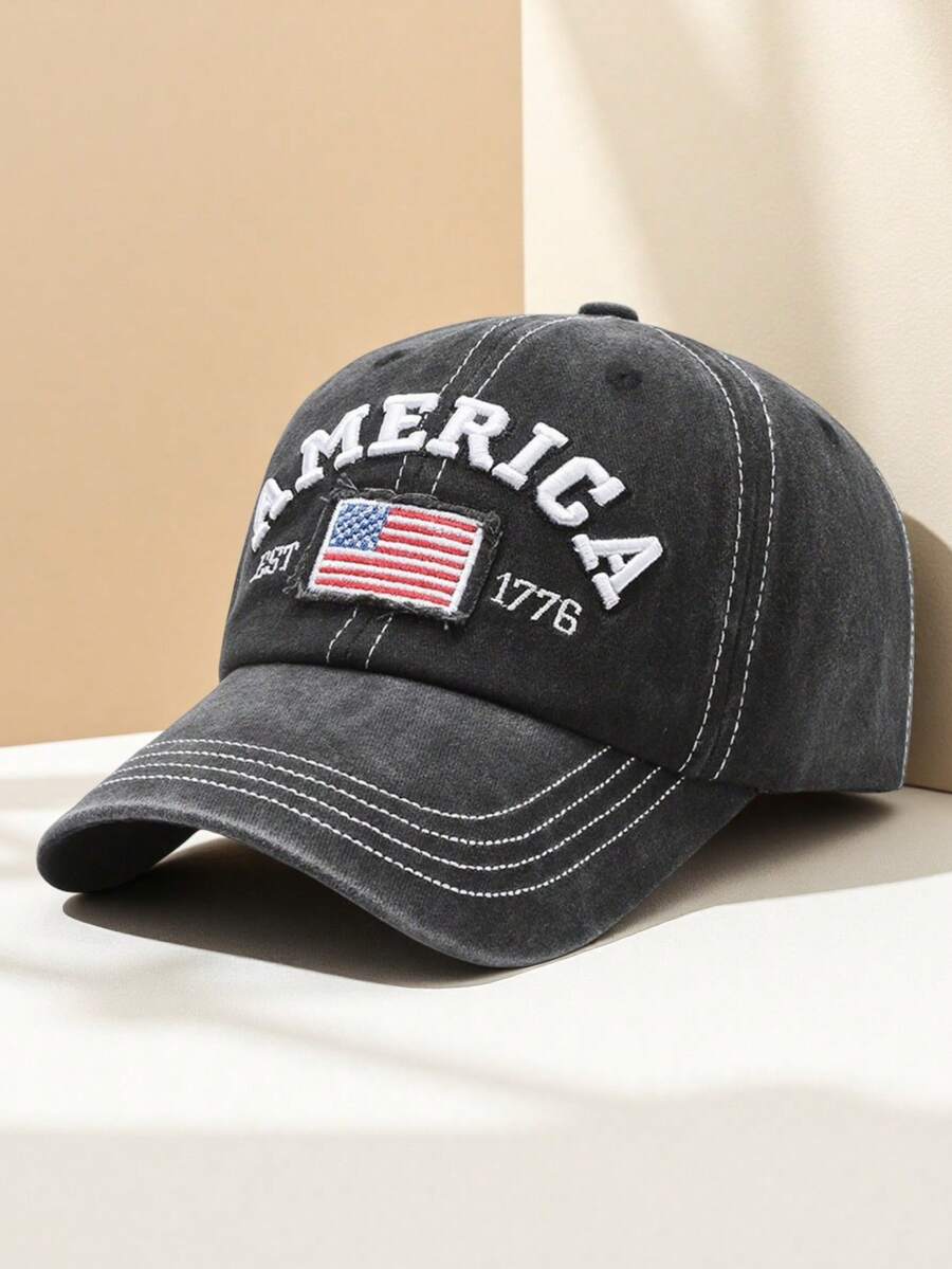 1Pc Unisex Vintage Washed Denim Baseball Cap With Embroidered "AMERICA EST 1776" & Flag Patch, Multi - Color Adjustable Retro Casual Hat For Men & Women, Breathable Sun Protection Headwear For Daily Outfits, Street Style, Travel, Outdoor Adventures & Patriotic Events, Fashion Accessory For All Seasons - A - View 1