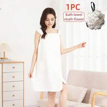 Ladies' Bath Towel, Pocket Wearable Bath Towel, Ultra Soft Adjustable Bathrobe, Bathroom Beach Swimming Changing Clothes, Ideal Household Items, Beach Essentials, Coral Fleece Bath Skirt, Multifunctional Bath Towel+Bath Flower - 米色 - 查看 1