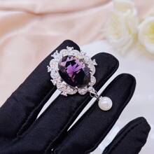 Women's Luxury Oval Purple Zirconia Faux Pearl Brooch Necklace Set