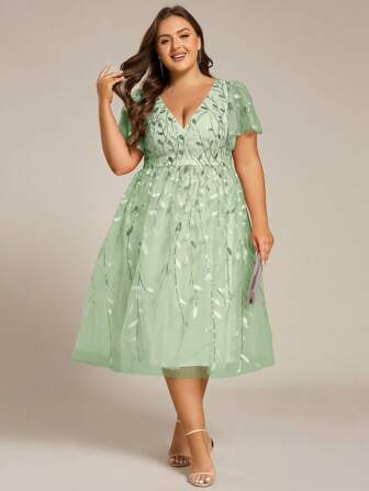 EVER-PRETTY Elegante Midi-Abendkleider mit V-Ausschnitt, Blumen-Pailletten und kurzen Ärmeln, Hochzeitsgast-Kleider, salbeigrüne Abendkleider, Große Größen
