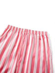 Women's 2 Piece Satin Pajama Set Long Sleeve Lapel Neck Striped Tops Elastic Waist Patchwork Feather Pants Sleepwear Outfit - Hồng - Xem 10