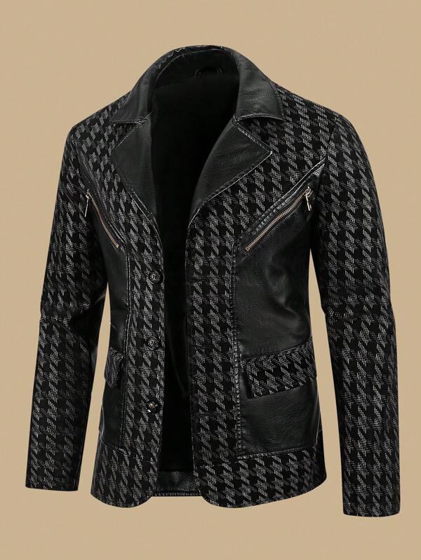 Men's PU Leather Jacket, Casual Business Minimalist Small Suit Biker Jacket, Slim Fit Lightweight Windbreaker Coat For Party, Mature Gentleman Design, Premium Quality Printed Fabric, Lapel Single-Breasted New Style Top