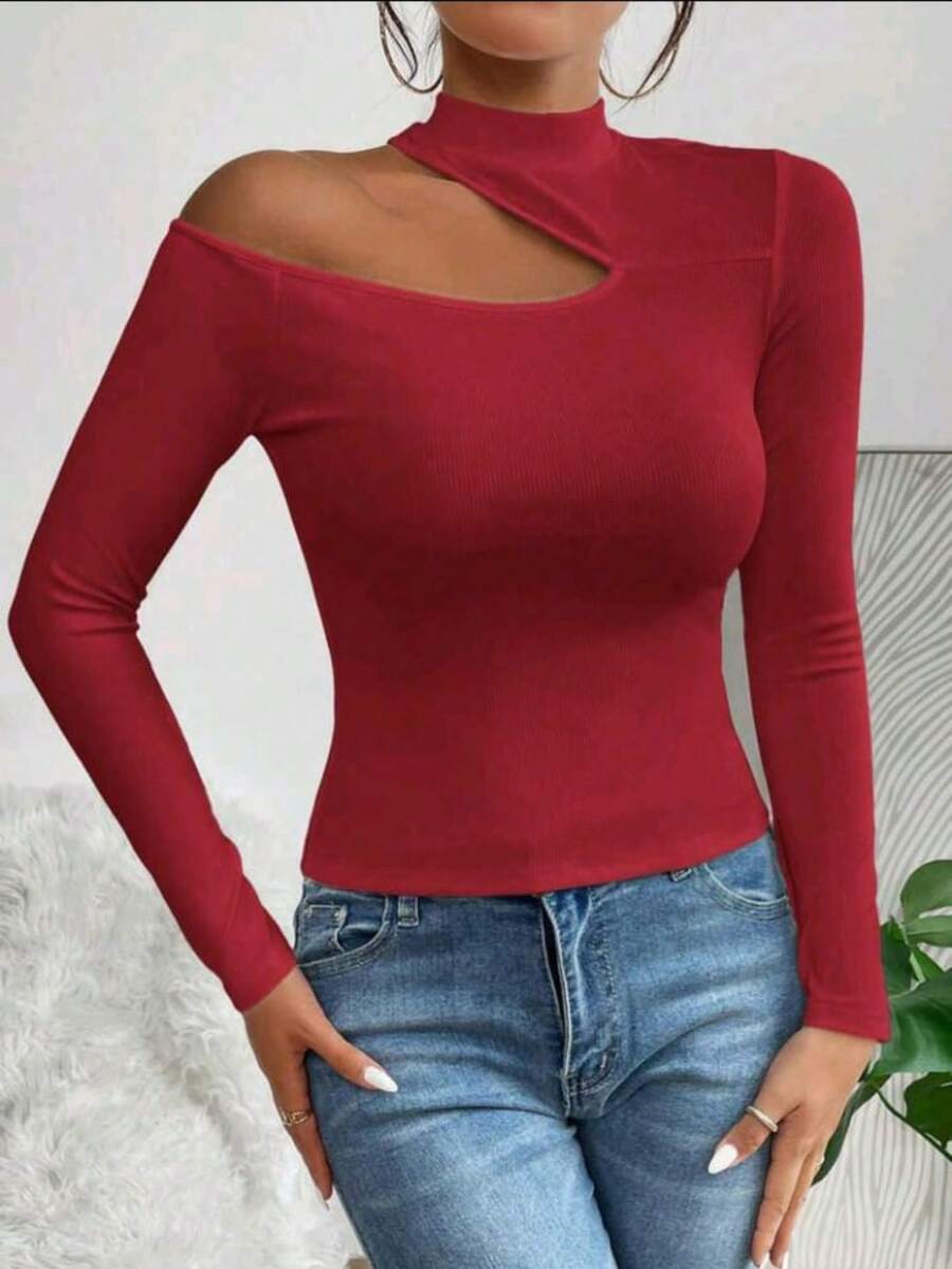 Women's T-Shirt Blouse Suplex Fabric Long Sleeve High Neck Asymmetrical Cut Ideal For Meetings And Casual Use - 紅色 - 查看 1