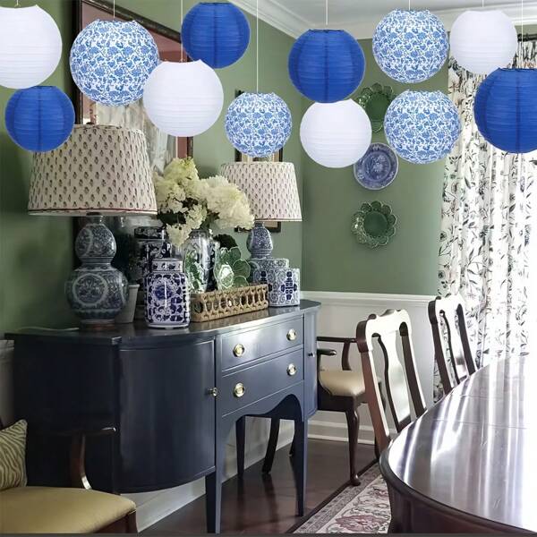 12pcs Blue & White Porcelain Style Paper Lanterns - Perfect For Festivals, Parties, And Home Decor, Best For Christmas, Wedding Supplies, Wedding Centerpieces & Backdrops, Home Decoration