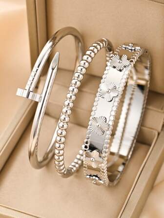 3pcs/Set Or 1pc Stainless Steel Modern Flower Design Jewelry, Elegant & Suitable For Women's Party, Daily Wear, Casual, Gift For Lover, Friend, Relative, Music Festival, Party, Summer Beach Vacation