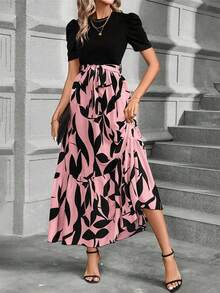 Floral Print Crew Neck Dress, Elegant Short Sleeve Tie Waist A-Line Ankle Length, Dress For Spring & Summer, Round Neck, Short Sleeve, Women's Clothing - 粉色 - 查看 5