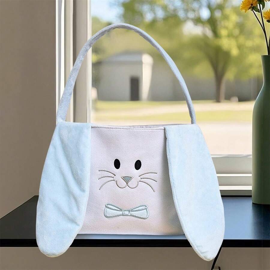 Cesta de conejito de Pascua de dibujos animados, lindo bolso de mano de orejas largas de conejo de peluche para niña y niño con aspecto de huevo de Pascua - Azul - Ver 1
