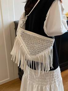 时尚复古皮革斜挎包，波西米亚风格单肩包，流苏铆钉十字装饰方形钱包休闲斜挎包，适合旅行和日常使用，便携式商务工作挎包单肩包流浪汉流苏斜挎包小手提包 - 白色 - 查看 6