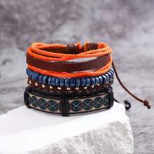 4pcs Multi-Layer Faux Leather & Wax Rope Woven Bracelets With Wooden Beads, Adjustable Size